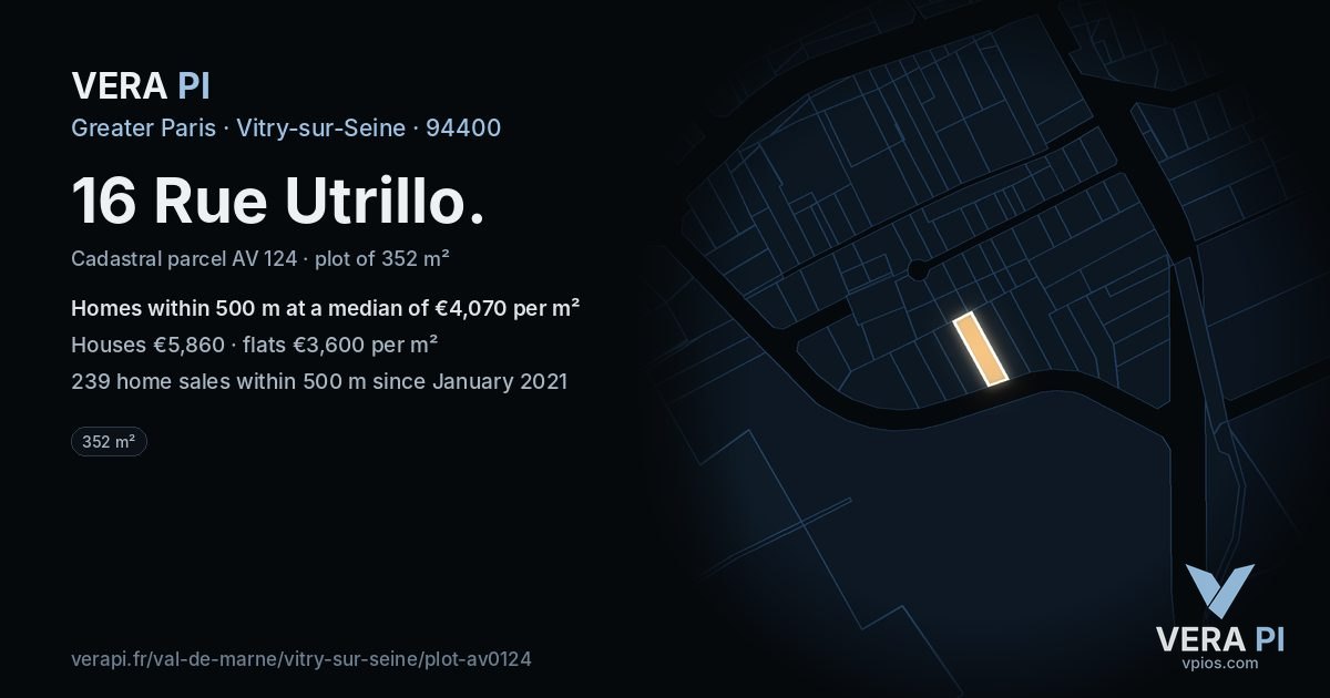 16 Rue Utrillo, Vitry-sur-Seine at night – the plot lit, the parcels around coloured by the prices near them
