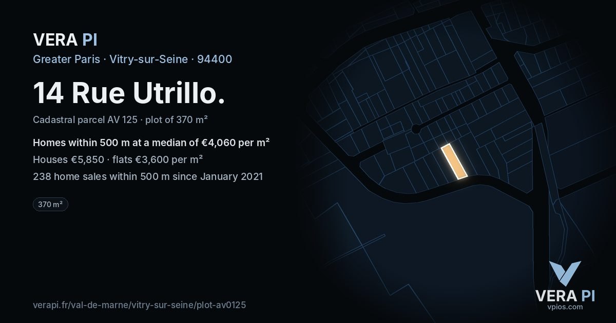 14 Rue Utrillo, Vitry-sur-Seine at night – the plot lit, the parcels around coloured by the prices near them