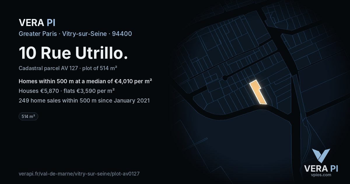 10 Rue Utrillo, Vitry-sur-Seine at night – the plot lit, the parcels around coloured by the prices near them