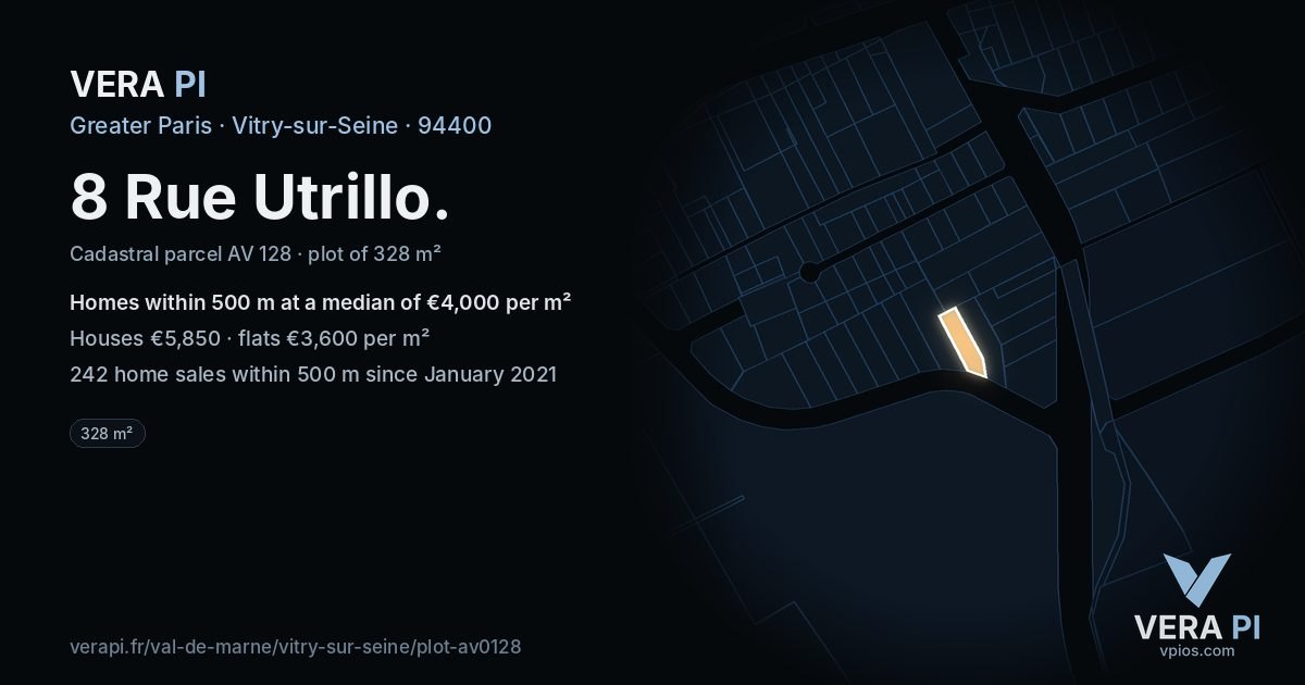8 Rue Utrillo, Vitry-sur-Seine at night – the plot lit, the parcels around coloured by the prices near them