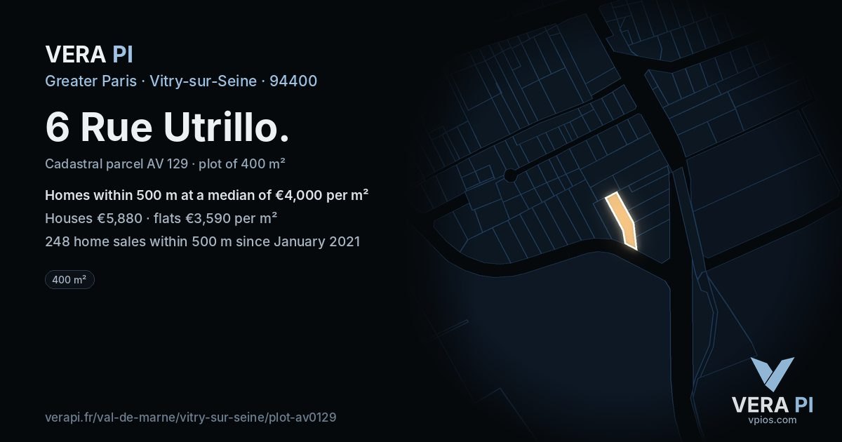 6 Rue Utrillo, Vitry-sur-Seine at night – the plot lit, the parcels around coloured by the prices near them