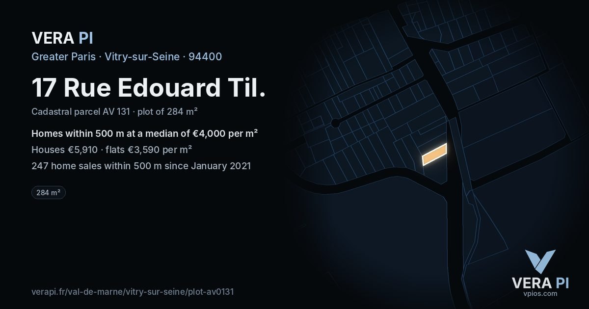 17 Rue Edouard Til, Vitry-sur-Seine at night – the plot lit, the parcels around coloured by the prices near them
