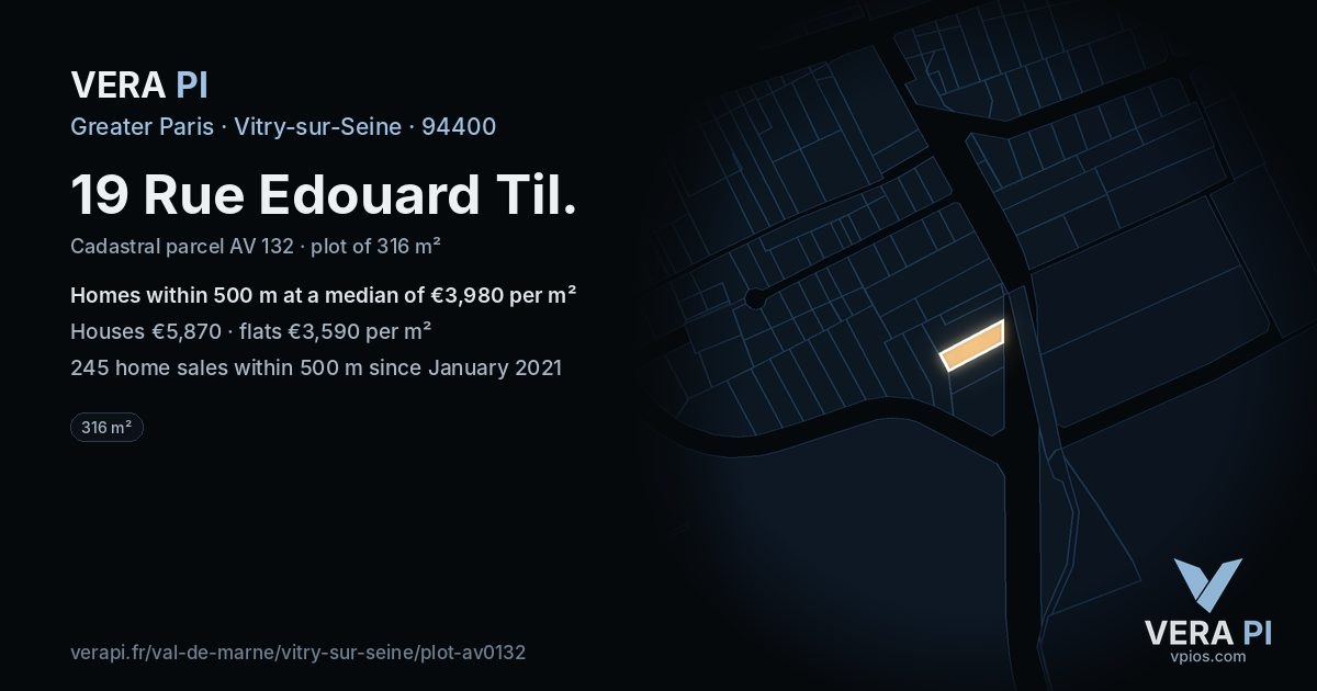 19 Rue Edouard Til, Vitry-sur-Seine at night – the plot lit, the parcels around coloured by the prices near them
