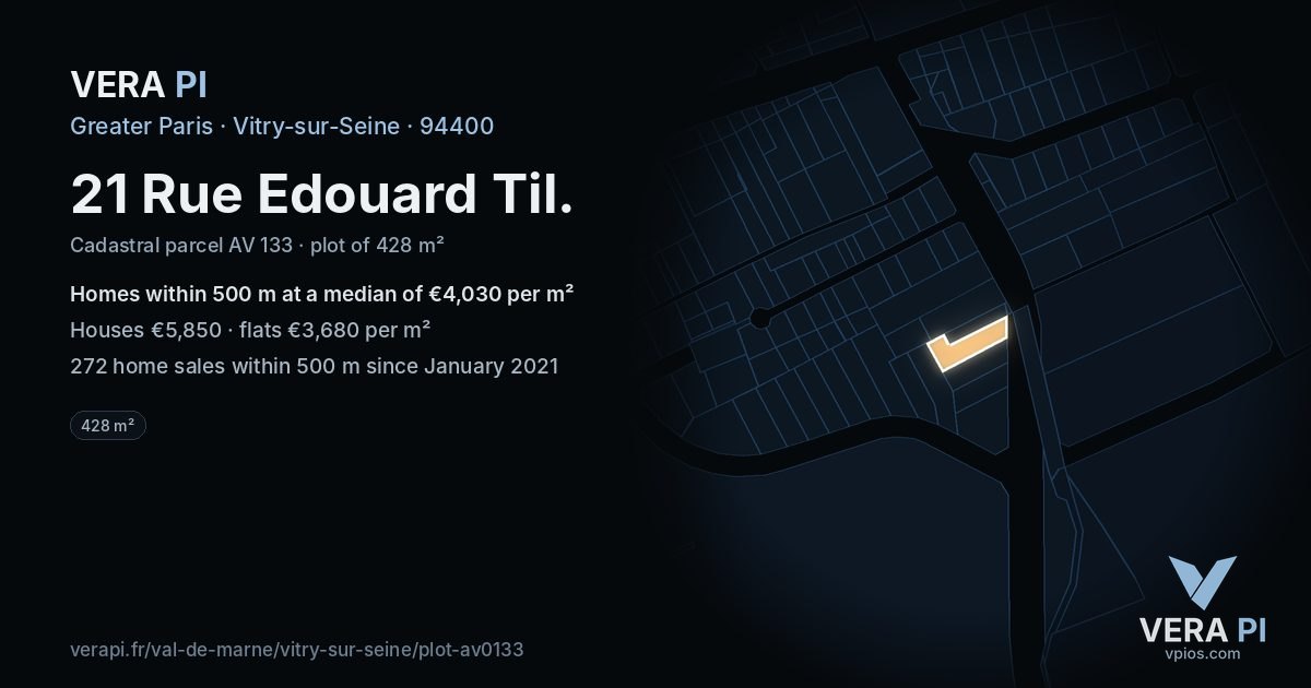 21 Rue Edouard Til, Vitry-sur-Seine at night – the plot lit, the parcels around coloured by the prices near them