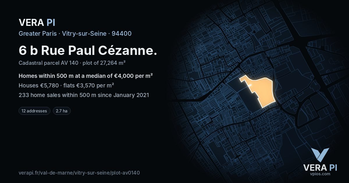 6 b Rue Paul Cézanne, Vitry-sur-Seine at night – the plot lit, the parcels around coloured by the prices near them