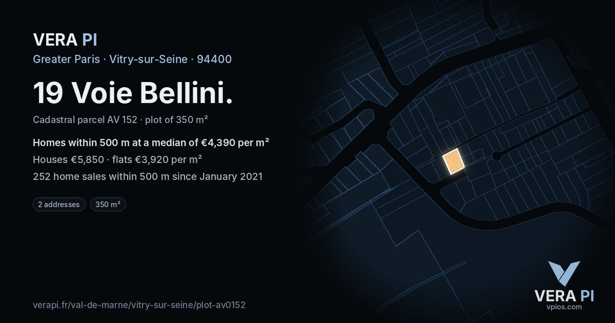 19 Voie Bellini, Vitry-sur-Seine at night – the plot lit, the parcels around coloured by the prices near them