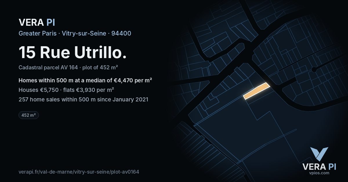 15 Rue Utrillo, Vitry-sur-Seine at night – the plot lit, the parcels around coloured by the prices near them