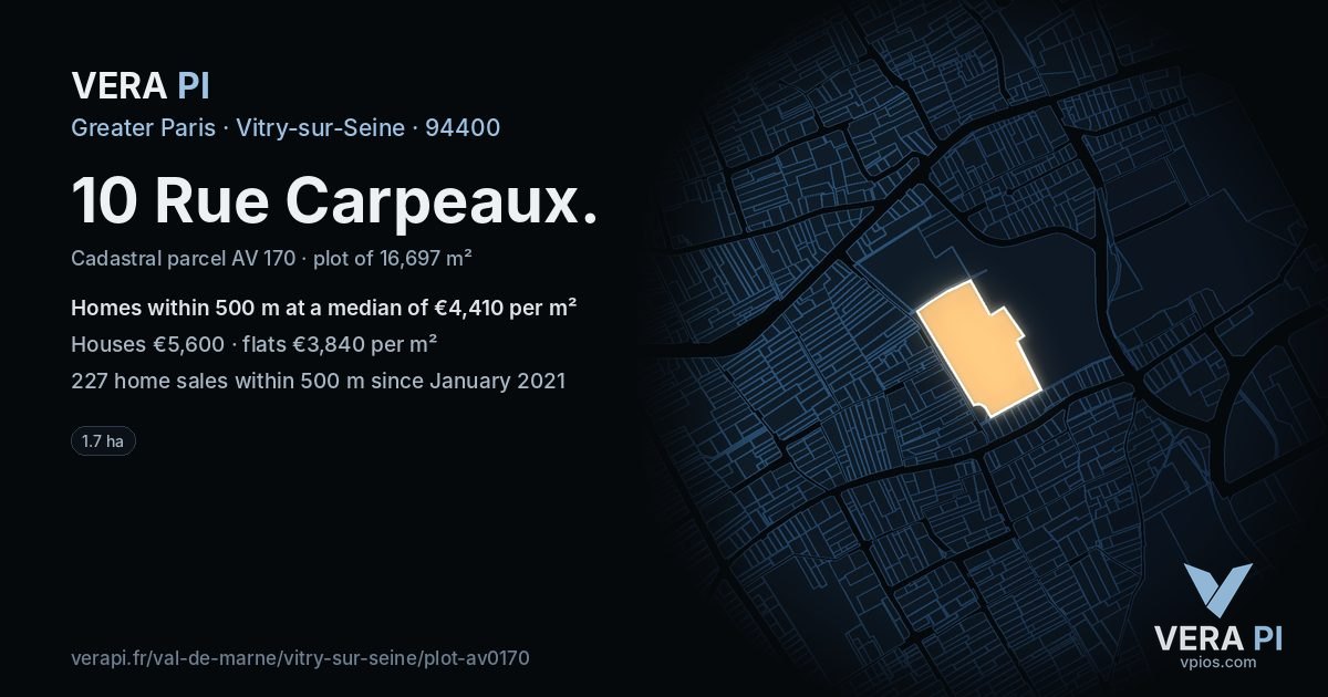 10 Rue Carpeaux, Vitry-sur-Seine at night – the plot lit, the parcels around coloured by the prices near them