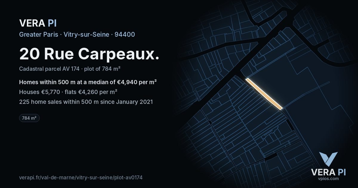 20 Rue Carpeaux, Vitry-sur-Seine at night – the plot lit, the parcels around coloured by the prices near them