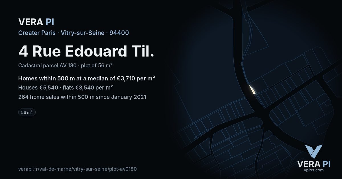 4 Rue Edouard Til, Vitry-sur-Seine at night – the plot lit, the parcels around coloured by the prices near them