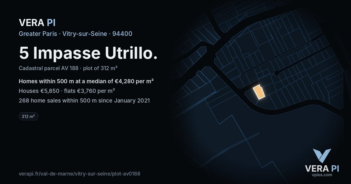 5 Impasse Utrillo, Vitry-sur-Seine at night – the plot lit, the parcels around coloured by the prices near them