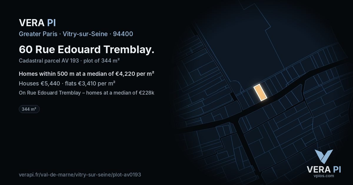 60 Rue Edouard Tremblay, Vitry-sur-Seine at night – the plot lit, the parcels around coloured by the prices near them