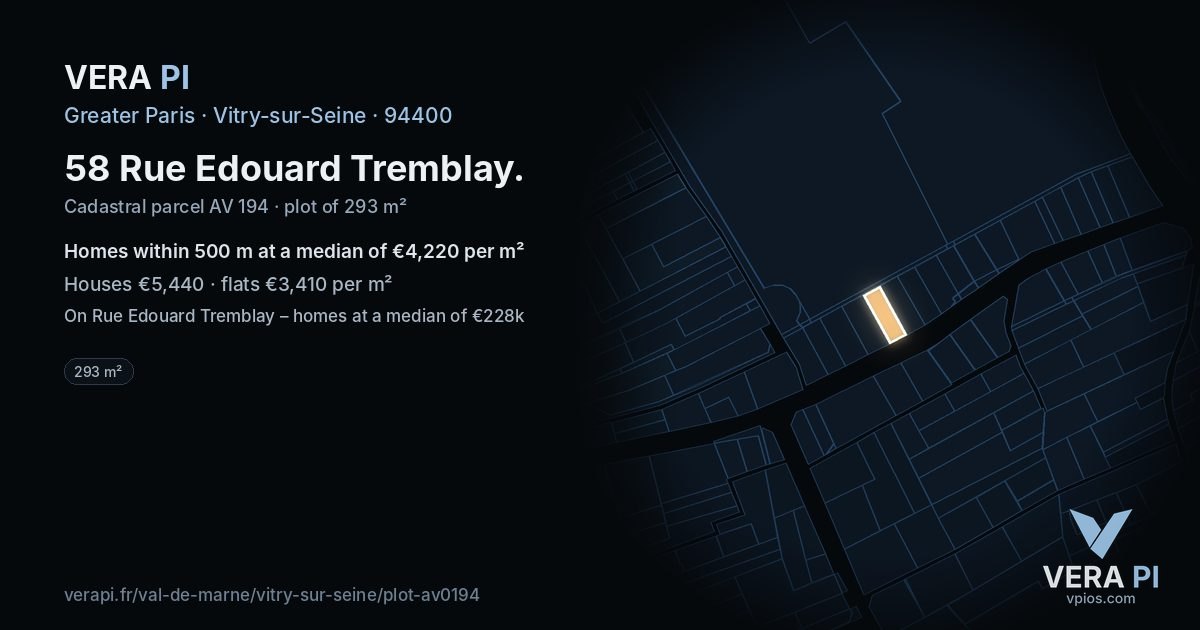 58 Rue Edouard Tremblay, Vitry-sur-Seine at night – the plot lit, the parcels around coloured by the prices near them
