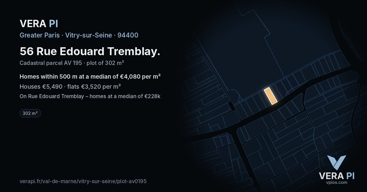56 Rue Edouard Tremblay, Vitry-sur-Seine at night – the plot lit, the parcels around coloured by the prices near them