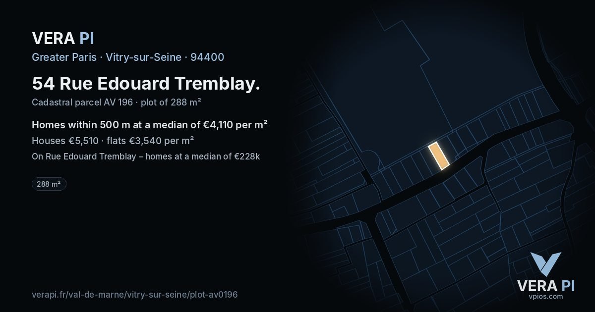 54 Rue Edouard Tremblay, Vitry-sur-Seine at night – the plot lit, the parcels around coloured by the prices near them