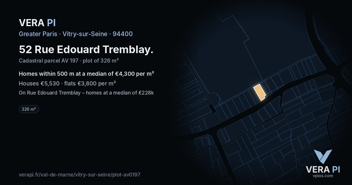 52 Rue Edouard Tremblay, Vitry-sur-Seine at night – the plot lit, the parcels around coloured by the prices near them