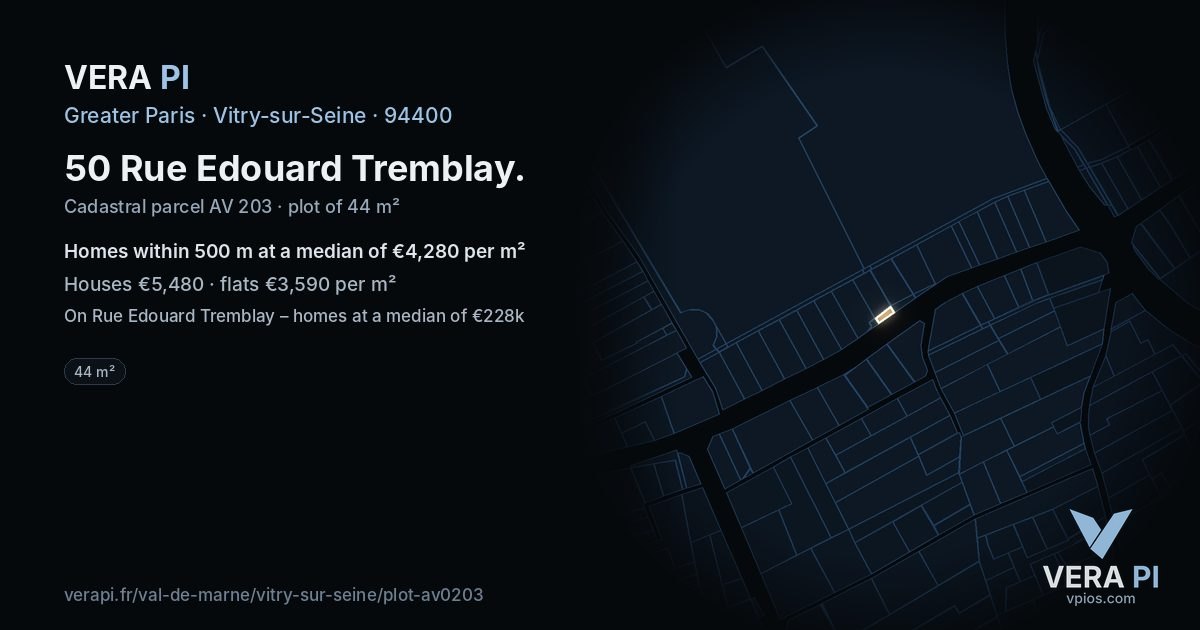 50 Rue Edouard Tremblay, Vitry-sur-Seine at night – the plot lit, the parcels around coloured by the prices near them