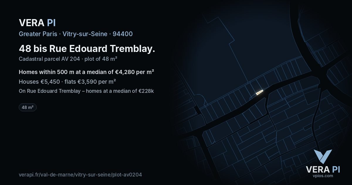 48 bis Rue Edouard Tremblay, Vitry-sur-Seine at night – the plot lit, the parcels around coloured by the prices near them