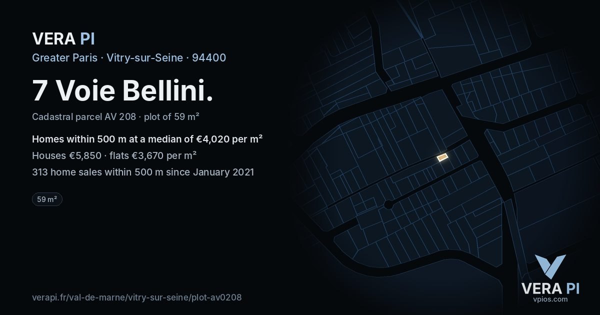 7 Voie Bellini, Vitry-sur-Seine at night – the plot lit, the parcels around coloured by the prices near them