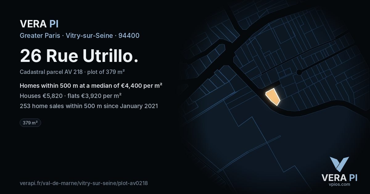 26 Rue Utrillo, Vitry-sur-Seine at night – the plot lit, the parcels around coloured by the prices near them