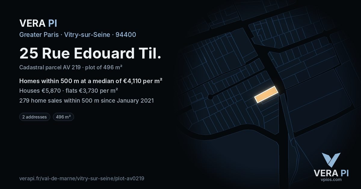 25 Rue Edouard Til, Vitry-sur-Seine at night – the plot lit, the parcels around coloured by the prices near them