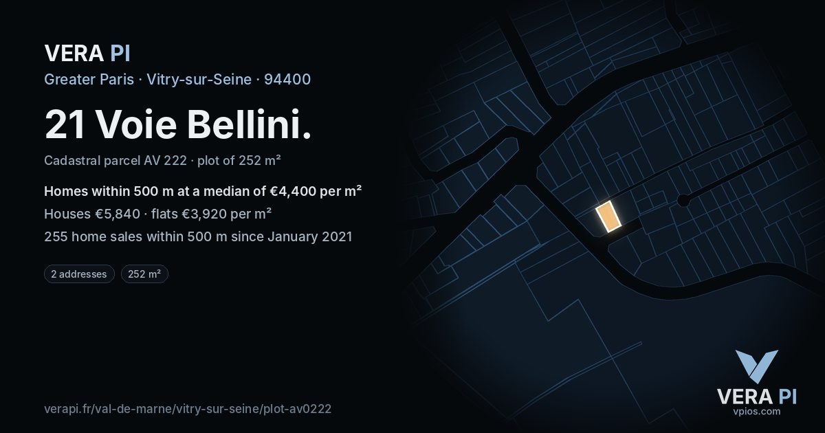 21 Voie Bellini, Vitry-sur-Seine at night – the plot lit, the parcels around coloured by the prices near them