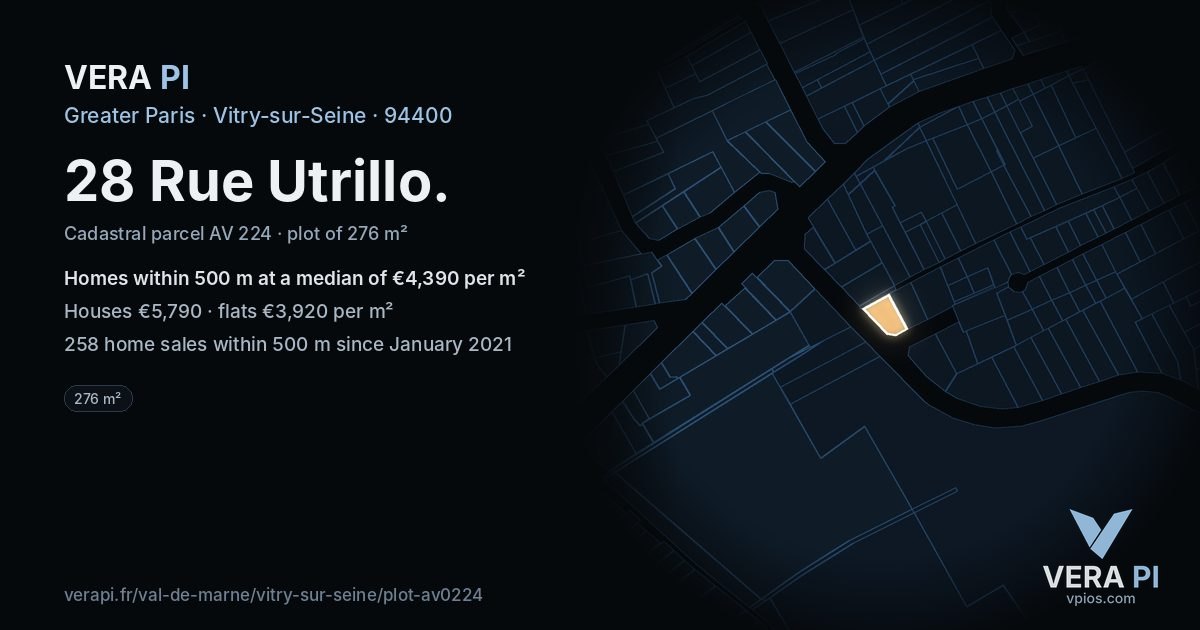 28 Rue Utrillo, Vitry-sur-Seine at night – the plot lit, the parcels around coloured by the prices near them