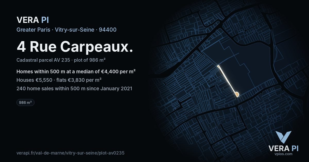 4 Rue Carpeaux, Vitry-sur-Seine at night – the plot lit, the parcels around coloured by the prices near them