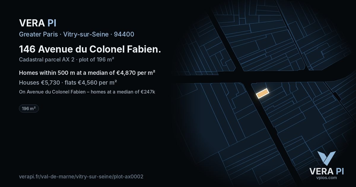 146 Avenue du Colonel Fabien, Vitry-sur-Seine at night – the plot lit, the parcels around coloured by the prices near them