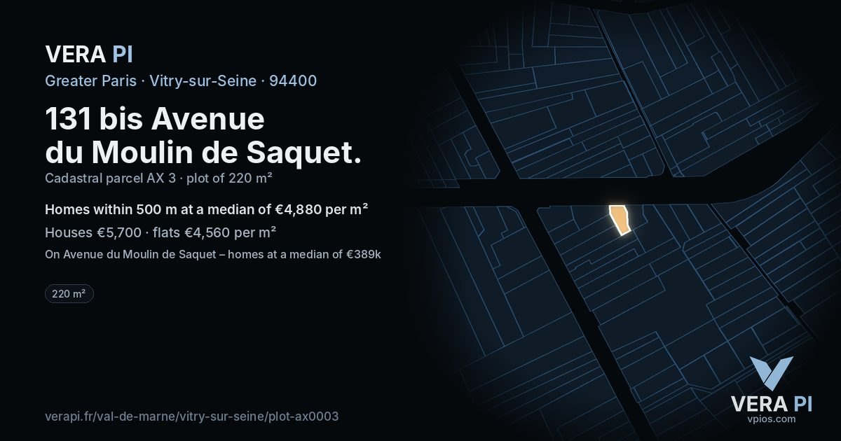131 bis Avenue du Moulin de Saquet, Vitry-sur-Seine at night – the plot lit, the parcels around coloured by the prices near them