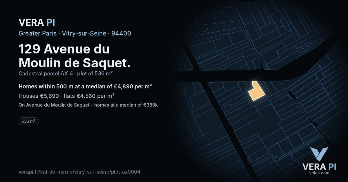 129 Avenue du Moulin de Saquet, Vitry-sur-Seine at night – the plot lit, the parcels around coloured by the prices near them