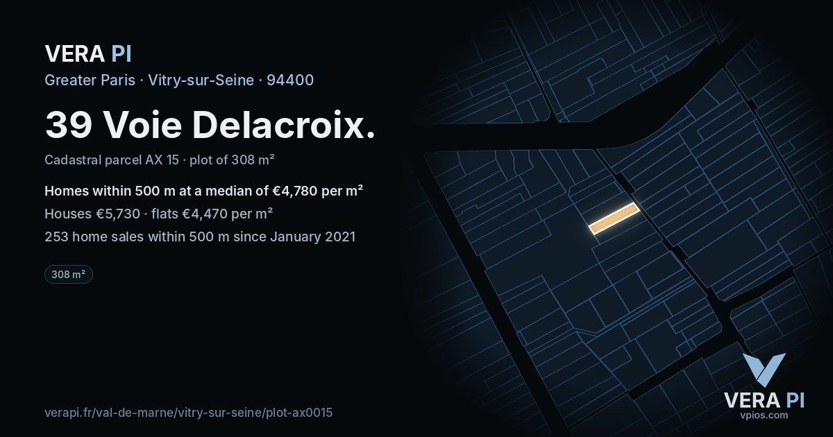 39 Voie Delacroix, Vitry-sur-Seine at night – the plot lit, the parcels around coloured by the prices near them
