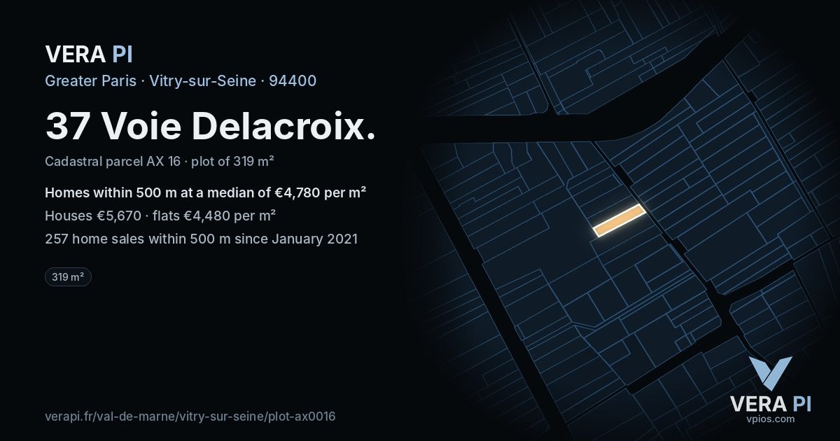37 Voie Delacroix, Vitry-sur-Seine at night – the plot lit, the parcels around coloured by the prices near them
