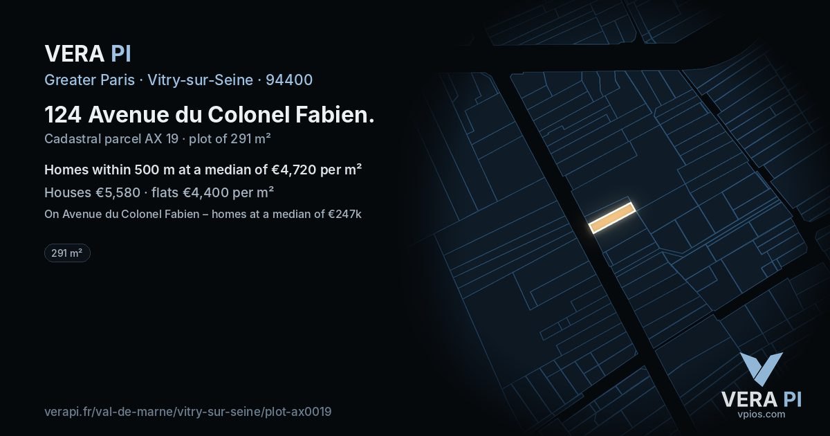 124 Avenue du Colonel Fabien, Vitry-sur-Seine at night – the plot lit, the parcels around coloured by the prices near them