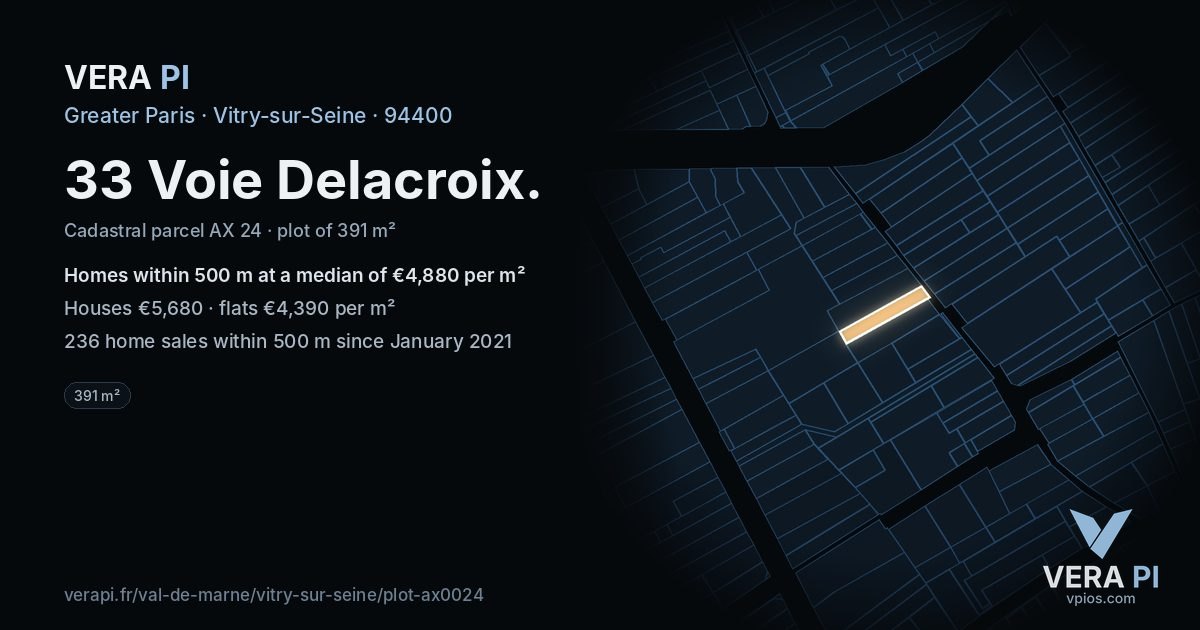 33 Voie Delacroix, Vitry-sur-Seine at night – the plot lit, the parcels around coloured by the prices near them