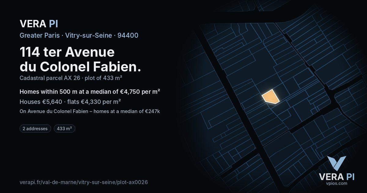 114 ter Avenue du Colonel Fabien, Vitry-sur-Seine at night – the plot lit, the parcels around coloured by the prices near them