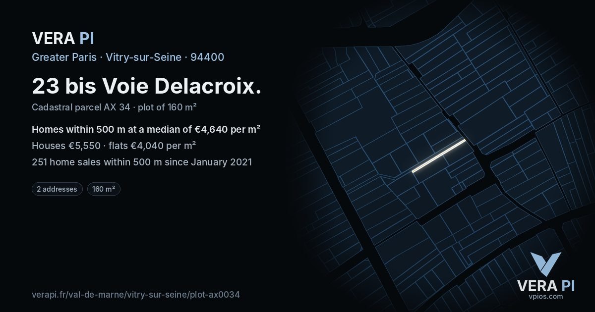 23 bis Voie Delacroix, Vitry-sur-Seine at night – the plot lit, the parcels around coloured by the prices near them