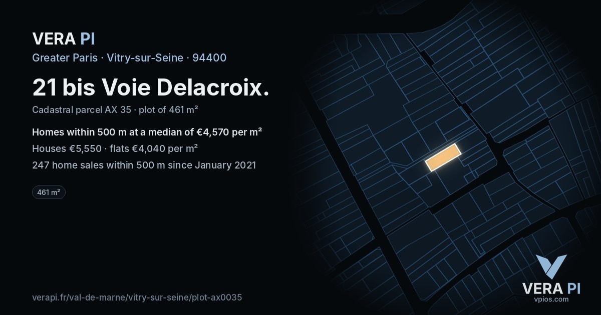 21 bis Voie Delacroix, Vitry-sur-Seine at night – the plot lit, the parcels around coloured by the prices near them