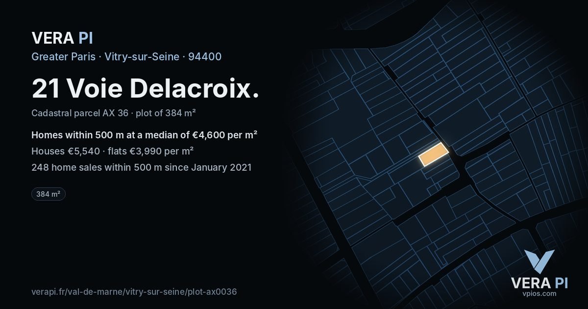 21 Voie Delacroix, Vitry-sur-Seine at night – the plot lit, the parcels around coloured by the prices near them