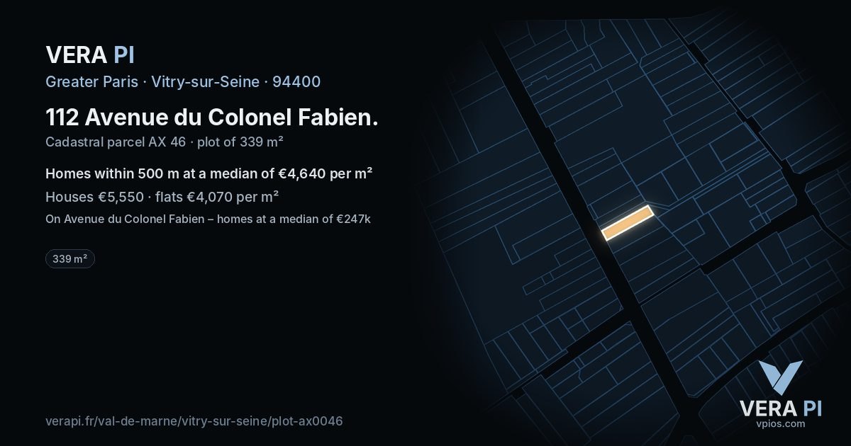 112 Avenue du Colonel Fabien, Vitry-sur-Seine at night – the plot lit, the parcels around coloured by the prices near them