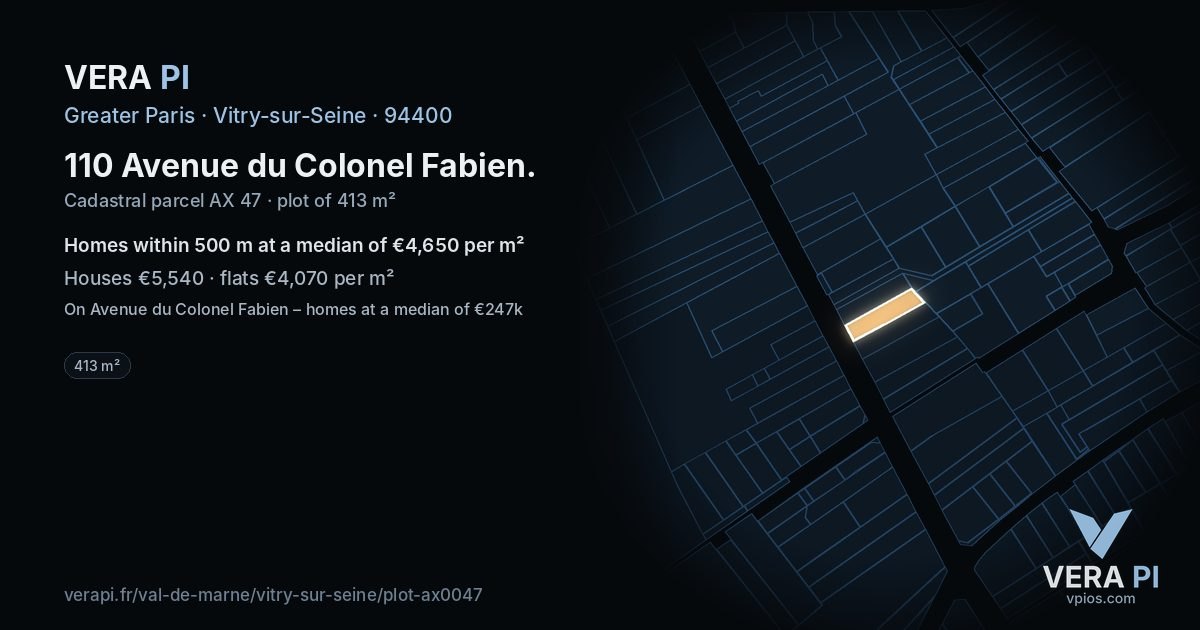 110 Avenue du Colonel Fabien, Vitry-sur-Seine at night – the plot lit, the parcels around coloured by the prices near them