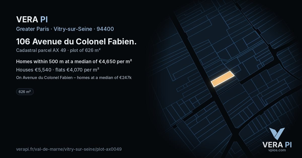 106 Avenue du Colonel Fabien, Vitry-sur-Seine at night – the plot lit, the parcels around coloured by the prices near them
