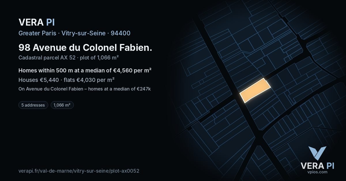 98 Avenue du Colonel Fabien, Vitry-sur-Seine at night – the plot lit, the parcels around coloured by the prices near them