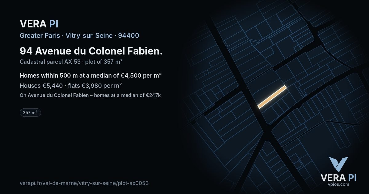 94 Avenue du Colonel Fabien, Vitry-sur-Seine at night – the plot lit, the parcels around coloured by the prices near them