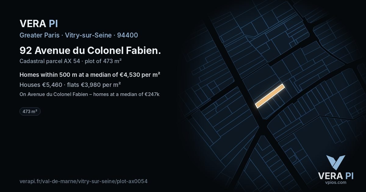 92 Avenue du Colonel Fabien, Vitry-sur-Seine at night – the plot lit, the parcels around coloured by the prices near them