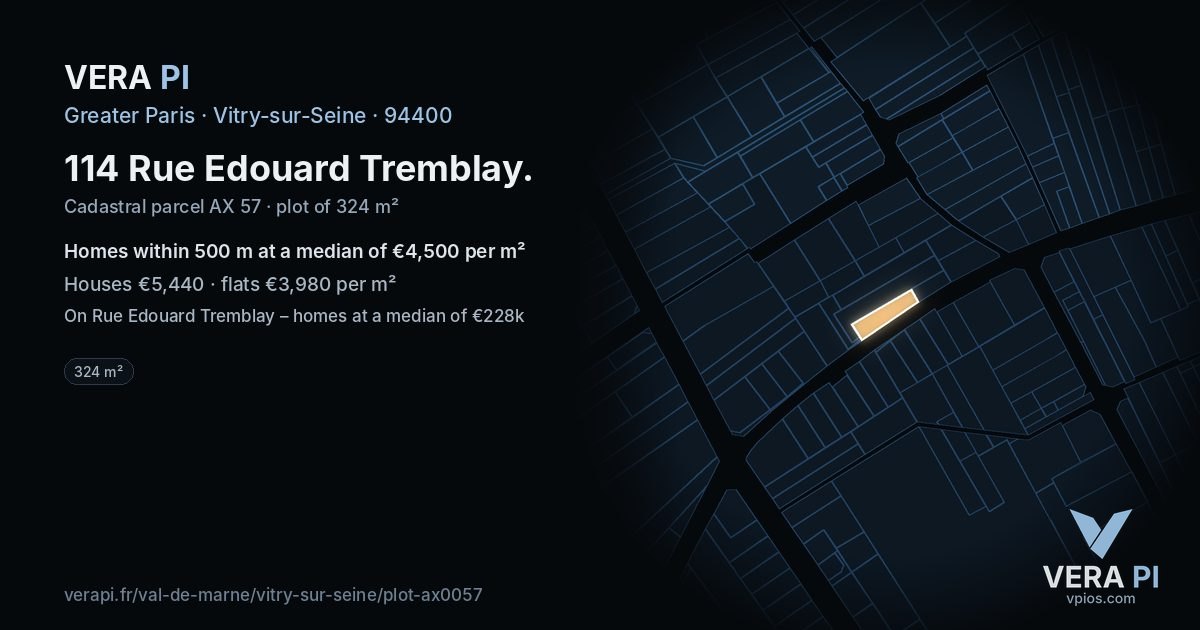 114 Rue Edouard Tremblay, Vitry-sur-Seine at night – the plot lit, the parcels around coloured by the prices near them