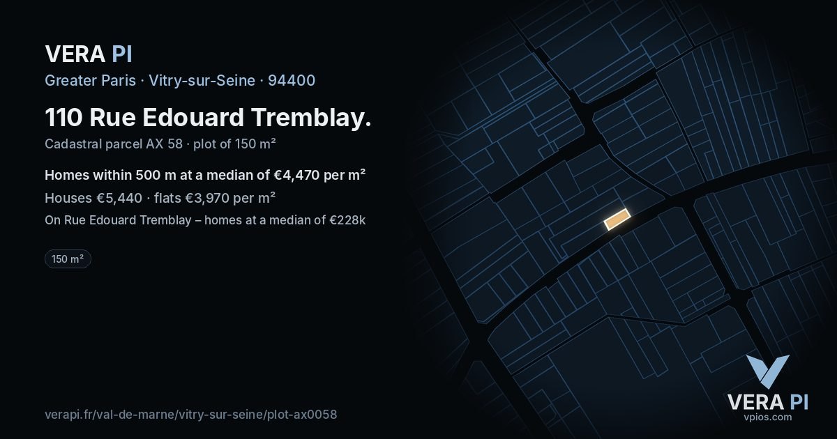 110 Rue Edouard Tremblay, Vitry-sur-Seine at night – the plot lit, the parcels around coloured by the prices near them
