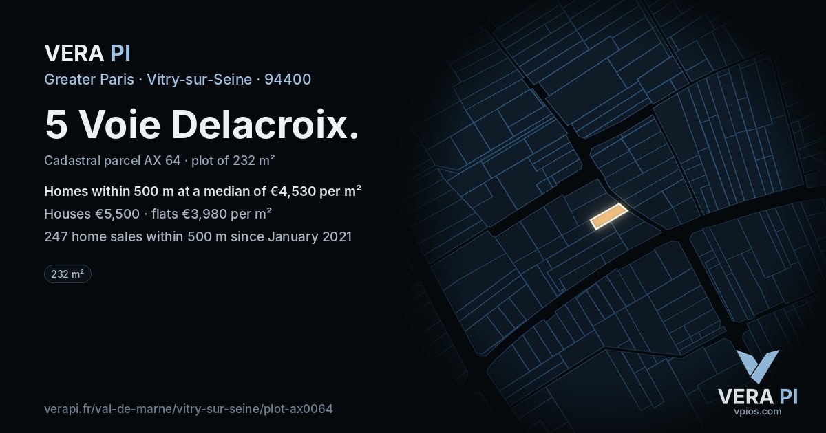 5 Voie Delacroix, Vitry-sur-Seine at night – the plot lit, the parcels around coloured by the prices near them