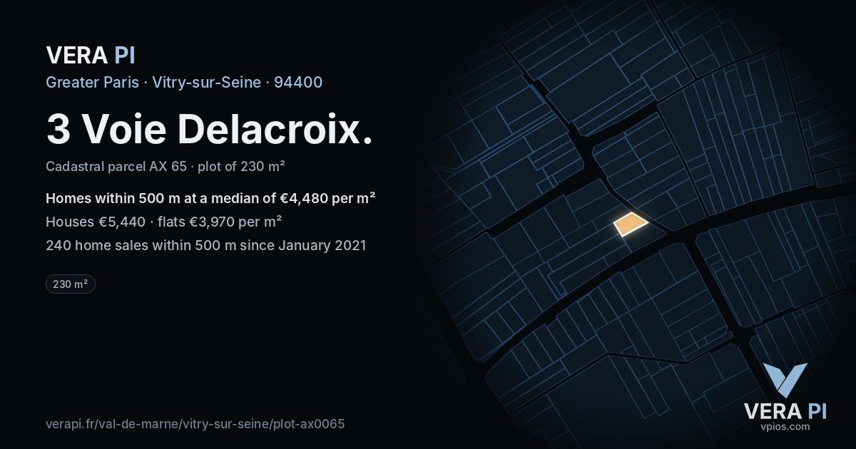 3 Voie Delacroix, Vitry-sur-Seine at night – the plot lit, the parcels around coloured by the prices near them