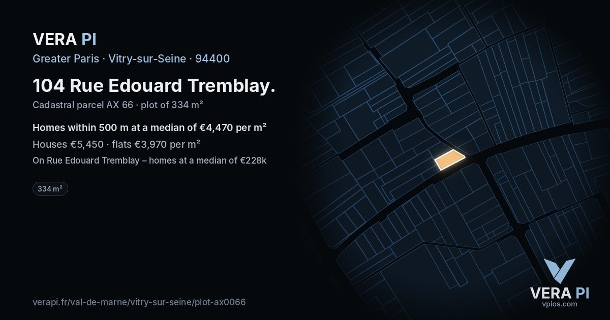 104 Rue Edouard Tremblay, Vitry-sur-Seine at night – the plot lit, the parcels around coloured by the prices near them